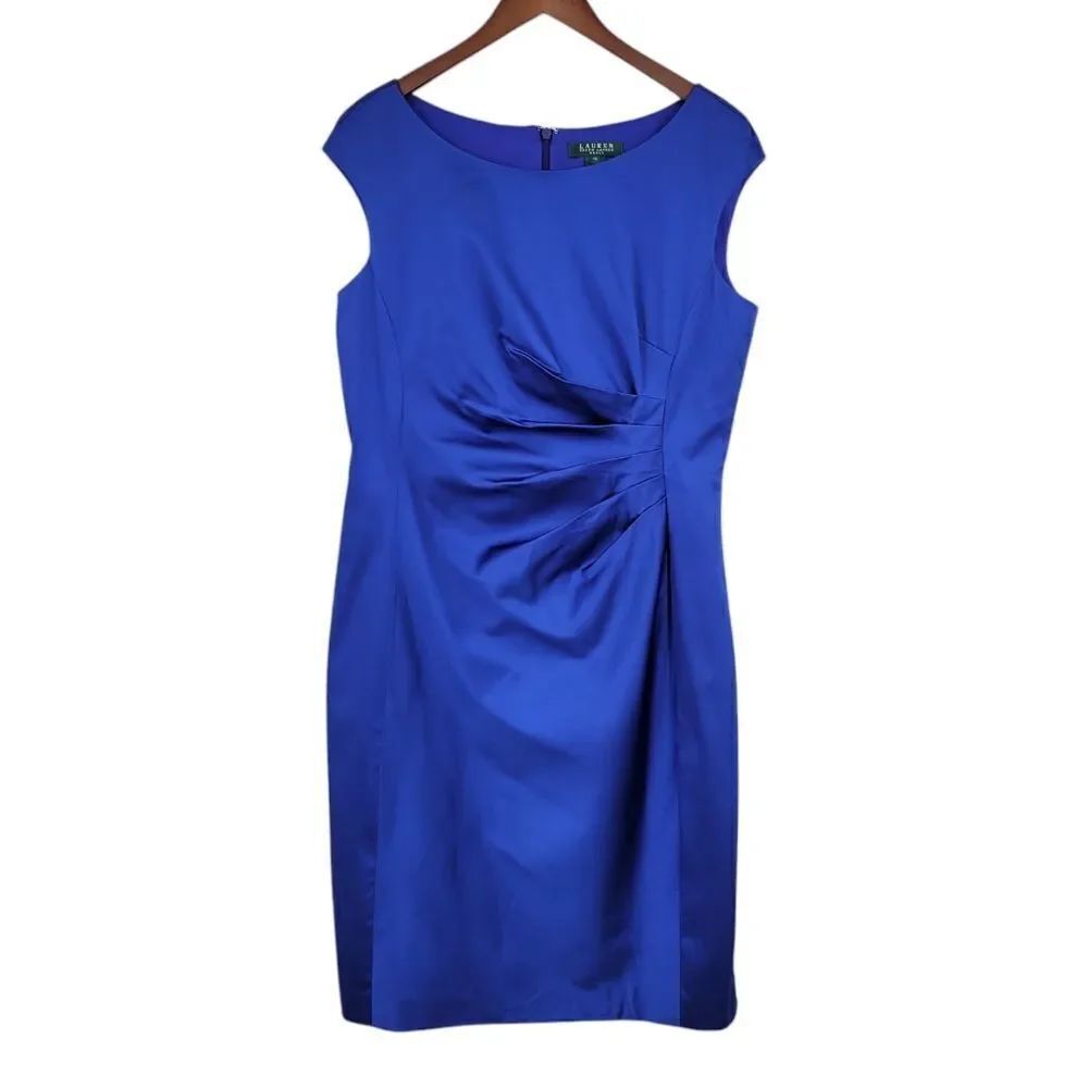 Lauren Ralph Lauren Blue Satin Sheath Dress with Pintuck Ruched Detail Cocktail